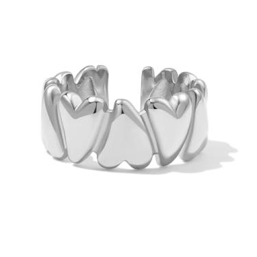 Imagem de BENIQUE Anel feminino de ouro prata grosso com coração de aço inoxidável banhado a ouro 18 K, impermeável, não mancha, ajuste confortável tamanho 6-8, Aço inoxidável, Sem pedra preciosa