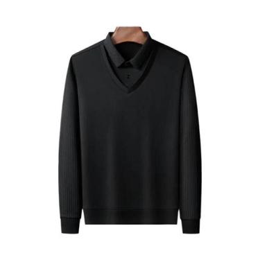 Imagem de Camisa Polo Masculina Casual Elegante De Manga Longa Cor Sólida Versát