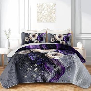 Imagem de QOOMO Conjunto de colcha infantil com estampa de flores, plantas fofas, tamanho casal/queen, decoração de quarto roxo, macio e leve para todas as estações, 1 colcha e 2 fronhas
