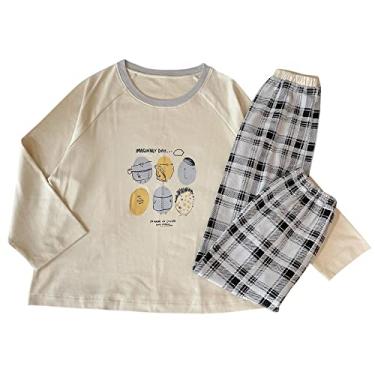 Imagem de HHHJQFAAT Pijama plus size versão solta camisola primavera camisola feminina pijama desenho animado conjunto noite (bege 1X)