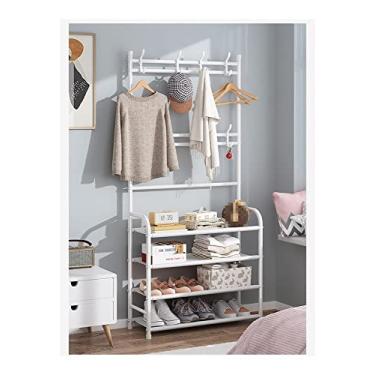 Imagem de Arara de roupas 3 em 1 organizador de prateleira de armazenamento de entrada rack de sapatos de 5 níveis com 8 ganchos e moldura de metal prateleira de armazenamento multifuncional para escritório em