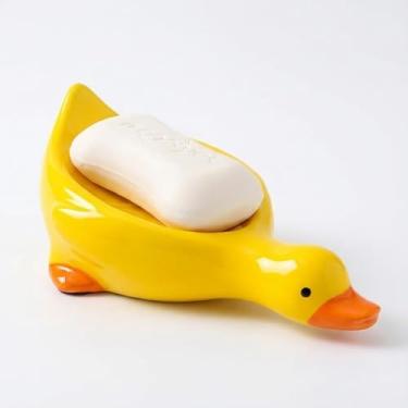 Imagem de Saboneteira fofa em forma de pato (pacote com 1) - Suporte de sabonete de plástico autodrenante, 18 cm x 9 cm x 4,5 cm, para banheiro, pia de cozinha e chuveiro (amarelo)