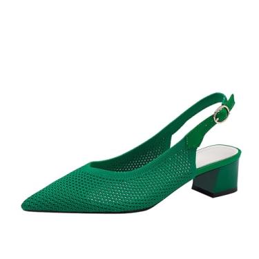 Imagem de EGEBS Sandália feminina de malha de malha com ajuste no tornozelo, bico fino, confortável, salto grosso, para trabalho, escritório, casamento, sapatos elegantes, Verde, 34