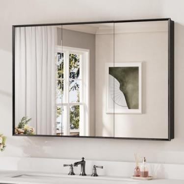 Imagem de Keonjinn Espelho de armário de remédios preto 122 cm x 81 cm, montagem necessária, armário de banheiro grande com espelho, moldura chanfrada, prateleiras ajustáveis contínuas, superfície montada na