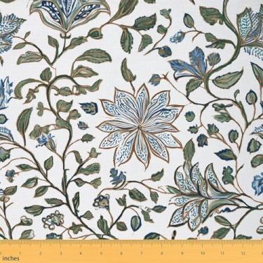 Imagem de jejeloiu Tecido floral da Yard Tecido de estofamento de flores azuis e verdes botânicas à prova d'água para decoração interna e externa para projetos de artesanato de costura DIY Flor 1 jarda