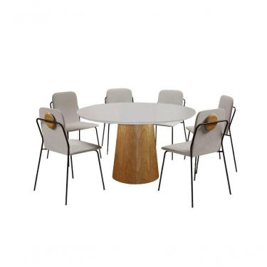 Imagem de Conjunto De Jantar Florença Com 6 Cadeiras Com Detalhe Em Madeira Base Paris Bm Tubulares Off White/tecido 502