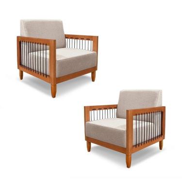 Imagem de Kit 2 Poltronas Sala De Estar Pés Madeira Maciça Corda Náutica Preta 75cm Manila Linho Areia Rústico