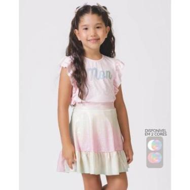 Imagem de Conjunto blusa saia colorida verão vibrante leve moderno - Rosa e OffWhite - Menina 4 a 14 anos-Feminino