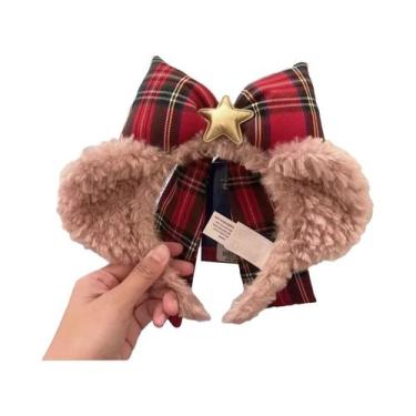 Imagem de Tiara De Urso De Pelúcia De Natal Para Idosos Com Laço Xadrez Vermelho