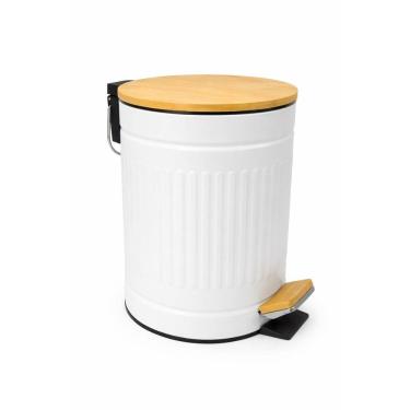 Imagem de Lixeira Com Tampa e Pedal De Bambu 9 Litros Fluted 23x30cm Jolitex  - Branca