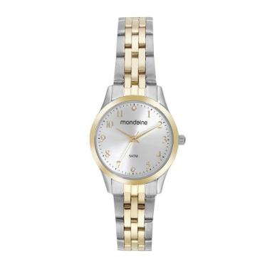 Imagem de Relogio Mondaine Feminino dourado e prata pequeno bicolor cravejado co