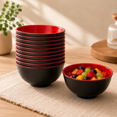 Imagem de Kit 12 Tigelas Japonesas Melamina Preta Vermelha 700ml Bowl Salada Sop