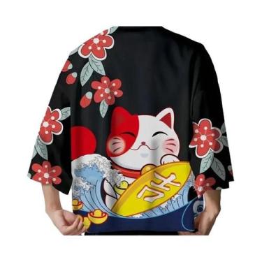 Imagem de Kimono Haori Unissex Japonês Sakura Cat Samurai Cardigan Solto De Mang