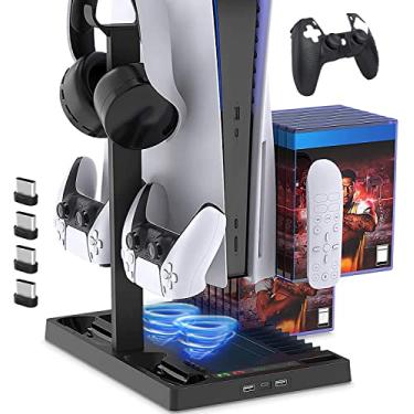 Imagem de Suporte de carregamento com ventilador de resfriamento para console e controlador de edição digital PS5 / PS5, estação de carregamento vertical com 15 slots de jogo