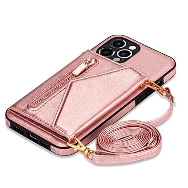Imagem de Crossbody com zíper para iPhone 13 12 Mini 11 X XR XS Pro Max 7 8 Plus Case com Porta-Cartão Carteira Cordão Capa de Couro, Rosa, Para iPhone 6