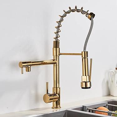 Imagem de Torneira de cozinha de primavera puxe pulverizador lateral bico duplo alça única torneira misturadora torneira 360 rotação torneiras de cozinha, ouro, china