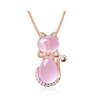Imagem de COLORFUL BLING Colar com pingente de gato rosa, pedra de quartzo, opala fofa banhada a ouro rosa, colar de corrente banhada a prata para mulheres