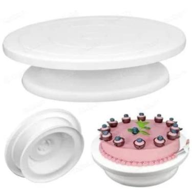 Imagem de Base Suporte Bailarina Giratória Bolo Torta 32cm Grande Confeitaria Profissional Rolamento Branco PVC