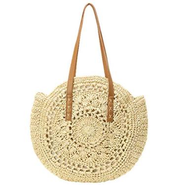 Imagem de Bolsas de palha femininas feitas à mão redondas de palha de milho natural chique mão grande bolsa de praia de verão bolsa de ombro com alça de tecido, Estampa bege, X-Large