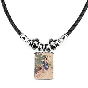 Imagem de DIYthinker Colar de roupas de flor de folha branco azul rosa joia Torque pingente de corda de couro