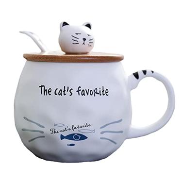 Imagem de Caneca de gato com tampa e colher 3D linda xícara de chá de café de cerâmica conjunto de caneca de casal presente de aniversário para professores, mães, amigas, amantes, (gato peixe, azul, 400 ml)