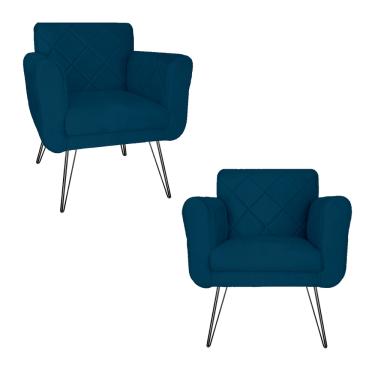 Imagem de Kit 2 Poltronas Decorativas Para Quarto Closet Pés de Ferro Isabella Suede Azul Marinho - LM DECOR