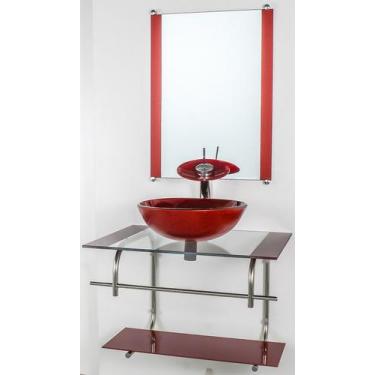 Imagem de Gabinete De Vidro Para Banheiro Inox 70cm Cuba Redonda Vermelho Cereja