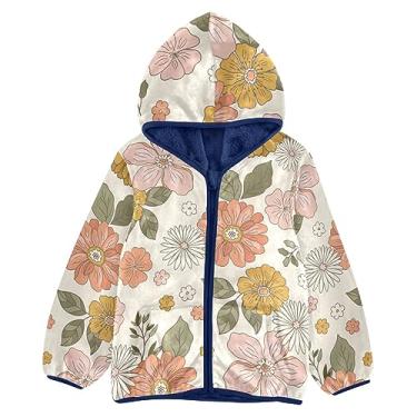 Imagem de KLL Jaqueta de lã com capuz retrô boho flor casacos para crianças pequenas meninas azul marinho moda roupas de bebê menino 3T, Flor boho retrô, 4 Anos