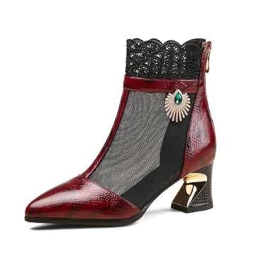 Imagem de KAGAA Sapatos femininos de couro genuíno bico fino com zíper e salto médio com cristais de 5 cm sandálias femininas feitas à mão ta121-2s, Vinho tinto, 34