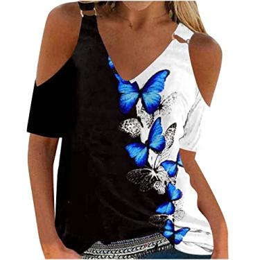Imagem de Camisetas femininas manga curta ombro vazado camiseta feminina gola V floral ajuste solto longa outono verão camiseta 2024, Q-33 Preto, XXG