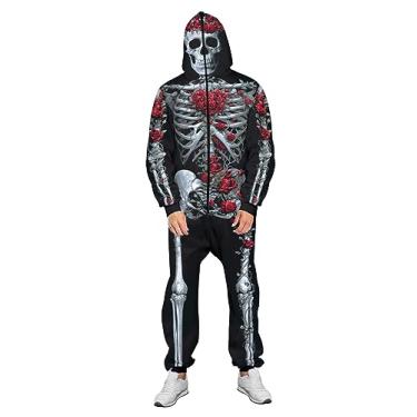 Imagem de Sipumia Pijama unissex adulto com capuz com zíper macacão esqueleto Halloween fantasia cosplay 1 peça roupa de casa, Esqueleto rosa vermelha, GG