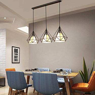 Imagem de Luminária pendente E27 3 chamas, luminária pendente de mesa de jantar de metal LED vintage preto abajur de tecido lustre ajustável de altura de 100 cm para sala de estar, quarto, quadrado