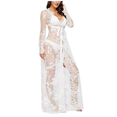 Imagem de KSDFIUHAG Roupa interior mulher sexy conjuntos lingerie erótica camisa para mulher transparente floral Lacey roupão longa camisa roupa interior roupa de dormir com cinto, Branco, GG