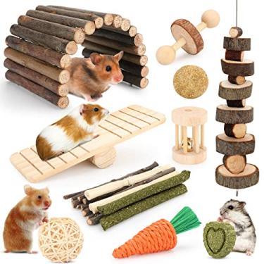 Imagem de YIXUND Acessórios para gaiola de hamster, 12 brinquedos de mastigar diferentes para porquinho-da-índia, chinchilas, gerbos, ratos, ratos, coelhos, gangorra de esconderijo de coelho, ferramentas