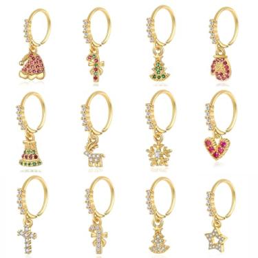 Imagem de KARYOKO 12 peças de anel de nariz com pingente de natal de zircão colorido para árvore de Natal, sinos, floco de neve, forma de pirulito, anéis de argola para nariz para mulheres e meninas joias de piercing de nariz, Metal, Zircônia cúbica