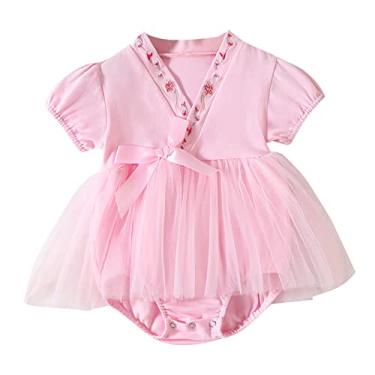 Imagem de Macaquinho para bebês recém-nascidos quimono algodão renda japonesa tule vestido tutu manga curta body bebê menina, rosa, 6-12 Meses