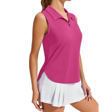Imagem de PINSPARK Camiseta feminina de golfe, sem mangas, FPS 50+, tênis, gola V, secagem rápida, atlética, gola 1/4, regata para treino, Rosa choque, G