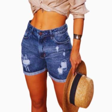 Imagem de Bermuda Jeans Feminina Lumini Destroyed Barra Dobrada Azul-Feminino