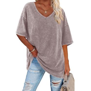 Imagem de Flowyair Camisetas femininas de verão, folgadas, de algodão, manga curta, básicas, gola V, estilo túnica, Cinza, marrom, M