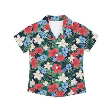 Imagem de Pugasmiru Camisa havaiana unissex infantil, gola alta, botão macio, manga curta, verão para acampamento, Flores coloridas tropicais, 15-16 Years