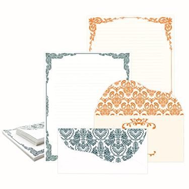 Imagem de ANZON MORIES Papel de papelaria vintage marfim 64 folhas forradas de dupla face e conjunto de 32 envelopes, padrão de renda, 2 cores, azul marinho, laranja, ouro, bordas, papel de carta, 21,5 x 28 cm,