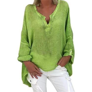 Imagem de Camisetas femininas de linho com gola Henley de verão, manga comprida, blusas femininas de linho de algodão com bainha longa, Verde menta, 3G