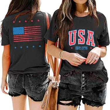 Imagem de Camiseta feminina com bandeira americana EUA 4 de julho patriótico impressão dupla face Patriotic Memorial Day camiseta manga curta, Cinza, M