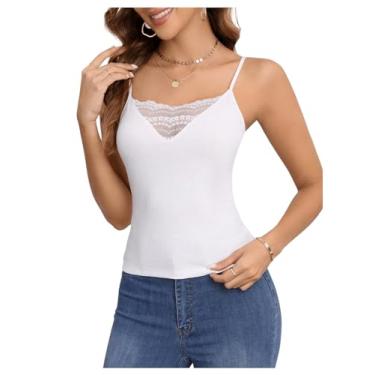 Imagem de Floerns Camiseta feminina de renda contrastante com alças finas, malha canelada, Branco, PP