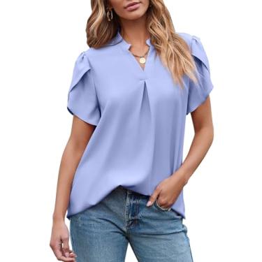 Imagem de EVALESS Blusas femininas elegantes casuais de chiffon para trabalho, verão, gola V, lindas camisetas de manga curta com pétalas soltas, Azul claro, XXG