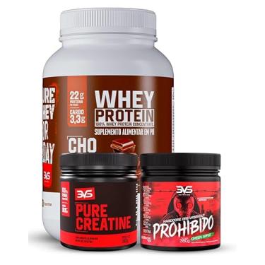 Imagem de 3VS Nutrition Combo Whey 100% Sabor Chocolate 900g + Creatina Pura 300gr + Pré Treino Prohibido Sabor Maça Verde 360gr