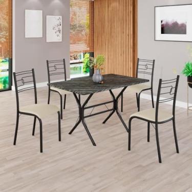 Imagem de Conjunto Sala de Jantar Mesa Retangular 100x60cm Tampo Pedra Ardósia Indiana 4 Cadeiras Paraty Creme/Preto Fosco