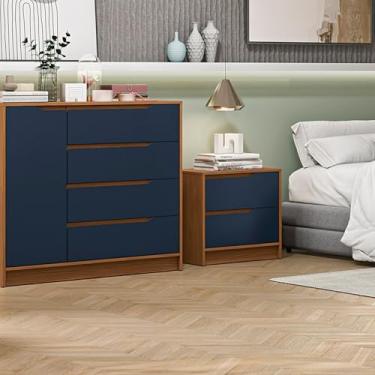 Imagem de Mesa de Cabeceira 2 Gavetas de Madeira Canela/Azul