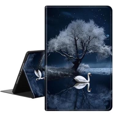Imagem de RMJKXQZG Capa para Samsung Galaxy Tab A8 com suporte de visualização de ângulo flexível para despertar/hibernar automático, capa traseira rígida ultrafina e leve para mulheres, cisnes no lago