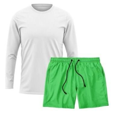 Imagem de Kit Short Praia Academia Passeio Treino Verde + Manga Longa Masculina Segunda Pele Dry-Masculino